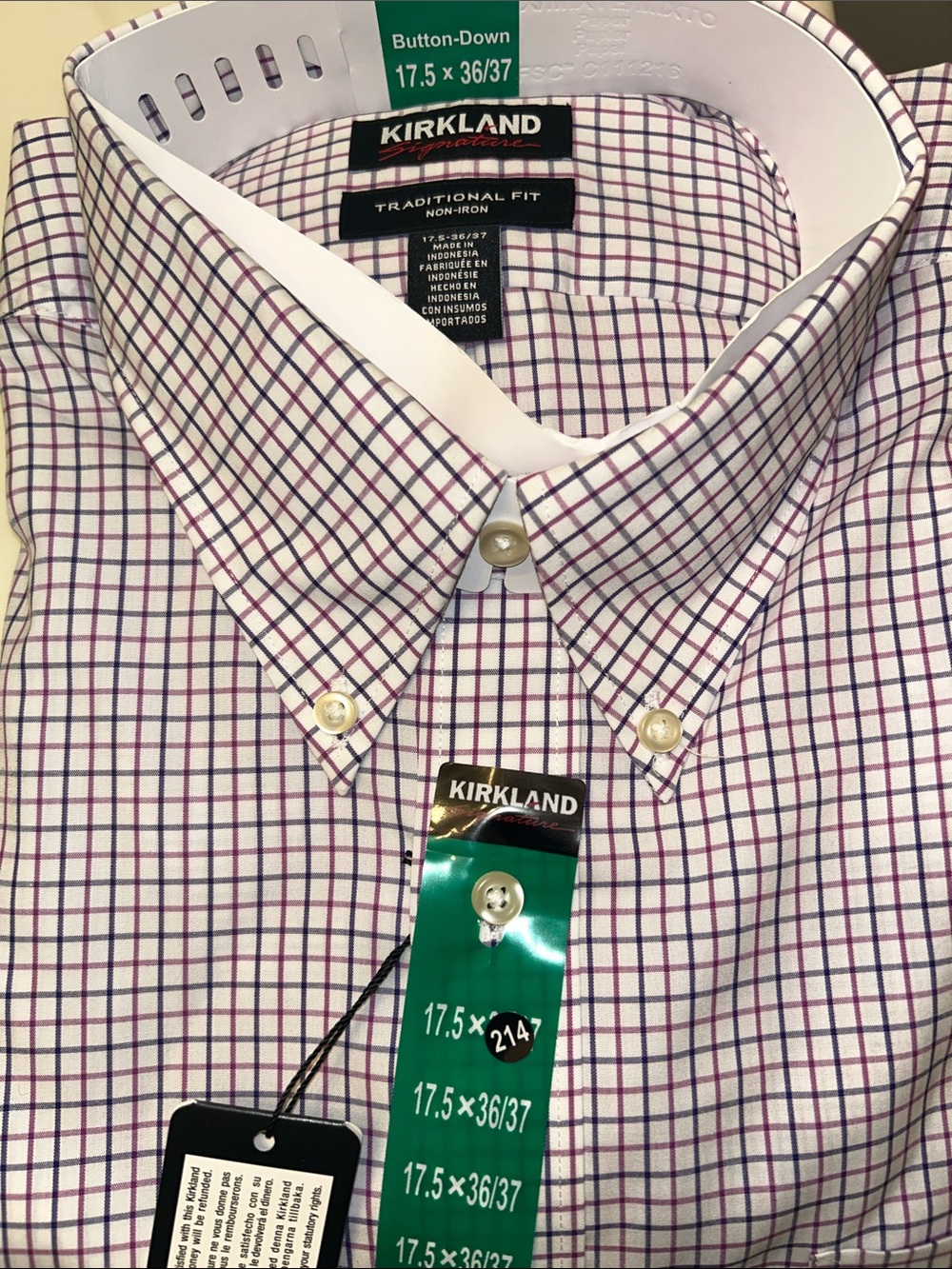 Kirkland Signature White Dress Shirt with Purple and Blue Windowpane